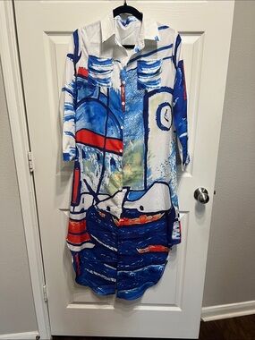 Blue White Red Abstract Print  Shirt Dress